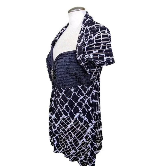 Joseph Ribkoff Vintage 90s Womens XL Black White Babydoll Cap Sleeve Top Blouse - Picture 3 of 7